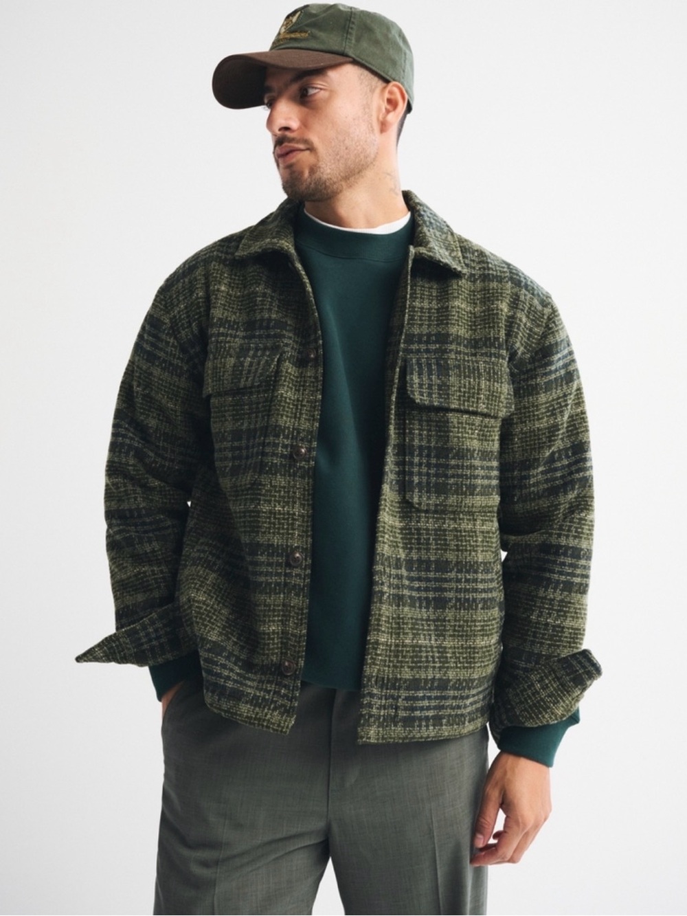 Abercrombie & Fitch men’s Boucle Olive Green Plaid Shacket